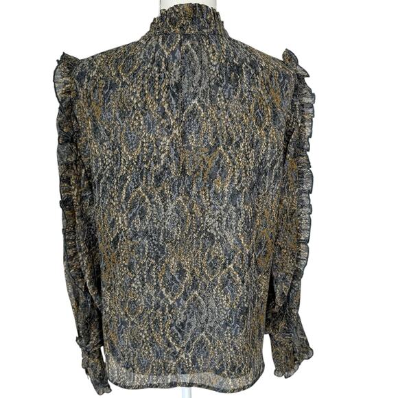 ANTHROPOLOGIE BTFL-Life Blouse Size M Boho Animal Print Ruffle Metallic Threads - Picture 2 of 13
